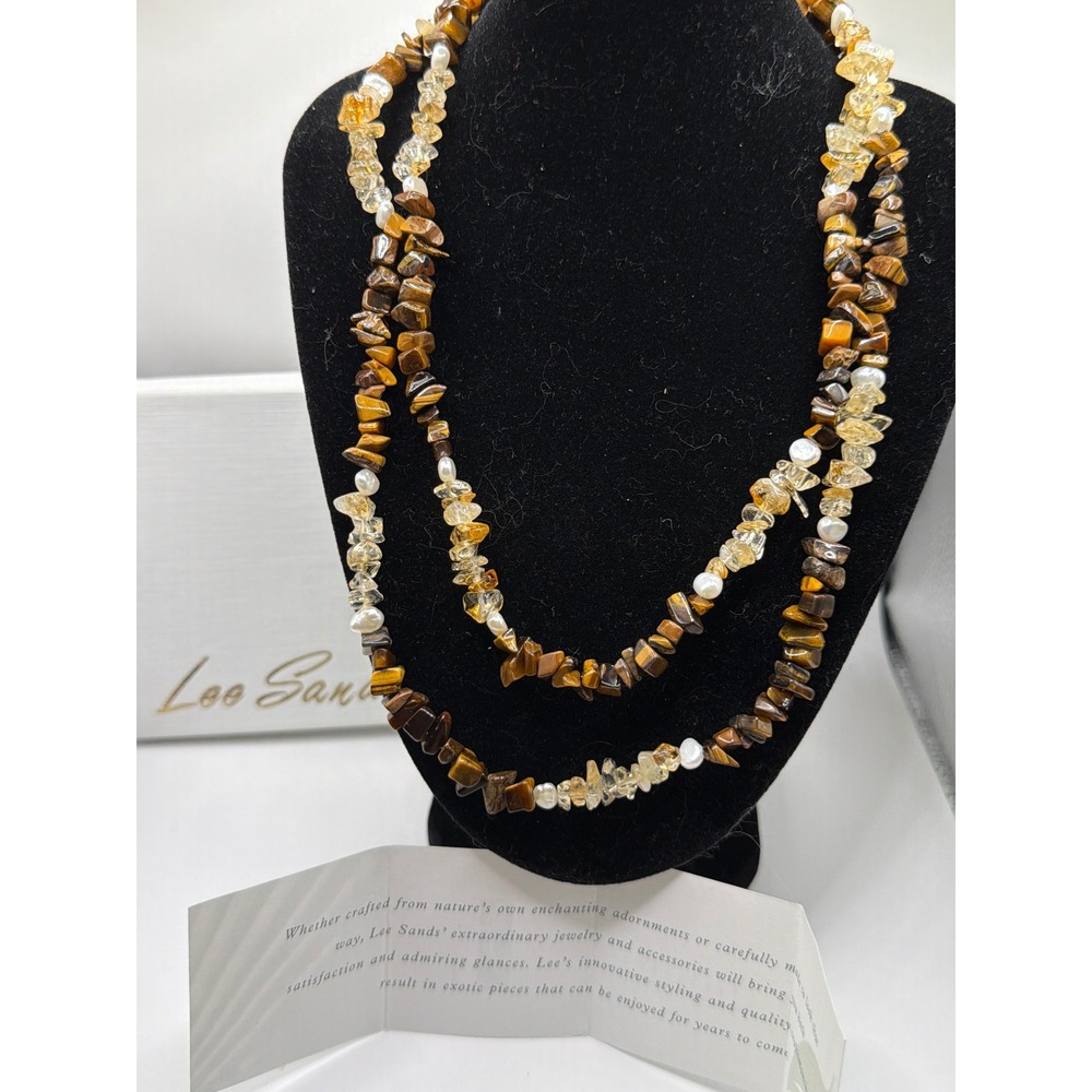NIB VTG Lee Sands Necklace 36" Brown Tigers Eye Citrine Pearl Beaded